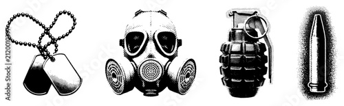 Fotografía Military gear set with dog tags gas mask hand grenade and bullet in vintage half