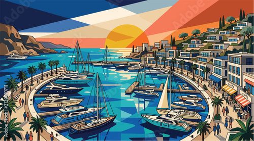 Принти на полотні Luxury Mediterranean Yacht Marina Coastal Flat Vector Illustration