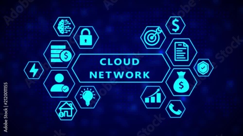 Digital network of hexagonal representing cloud network like finance, data, and communication on a dark blue dotted background
