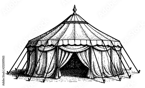 Large ornate pavilion tent with curtains hand drawn in vintage engraving style