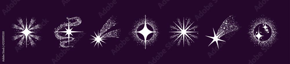 Obraz premium Magic Christmas star set, doodle dot space abstract design elements, cosmic shiny sparkle decoration. Hand drawn cute galaxy ray shape, festive starlight icon print. Holiday magic star noise sticker
