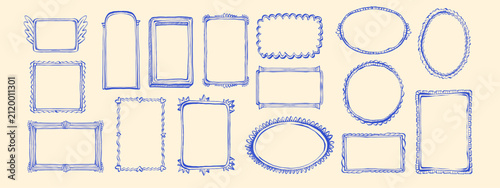 Doodle cute frame set, hand drawn minimal sketch border, vintage trendy abstract empty photo box. Geometric shape decor ornamental naive kids album background. Childish cartoon doodle frame collection