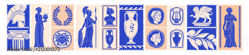 Greek ancient postal stamp set, hand drawn Rome travel sticker, vintage mythology statue silhouette. Goddess figure print, postage letter badge, retro amphora, pillar. Scrapbook Greek stamp collection