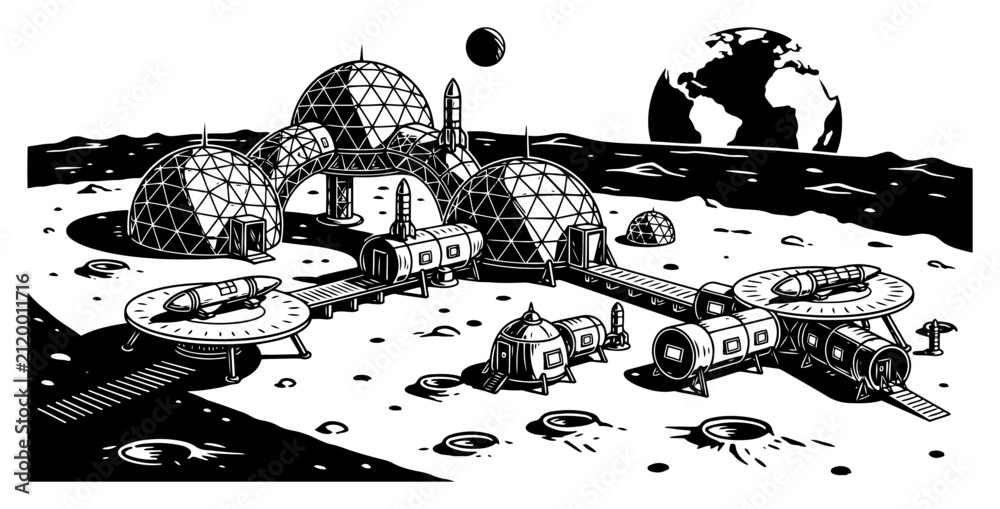Obraz premium Moon colony with futuristic geodesic domes and space station modules in linocut style