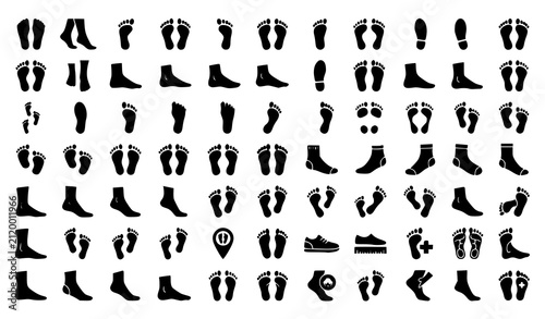 Fotografía Human Feet and Footprint Silhouette Icon Set with Barefoot Sole Print and Sock V