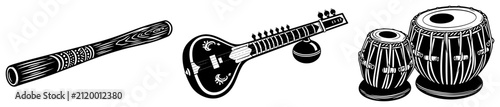 Fotografía Traditional Indian musical instruments including sitar and tabla in black and wh