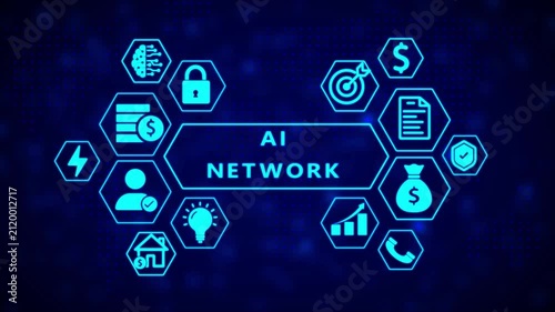 Artificial intelligence network concept with interconnected hexagonal representing technology finance and security on a dark blue abstract background with glowing dots