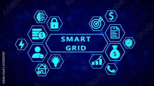 Smart grid concept with interconnected hexagonal representing technology finance and security on a dark blue abstract background with glowing dots
