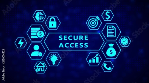 Secure access concept with interconnected hexagonal representing technology finance and security on a dark blue abstract background with glowing dots