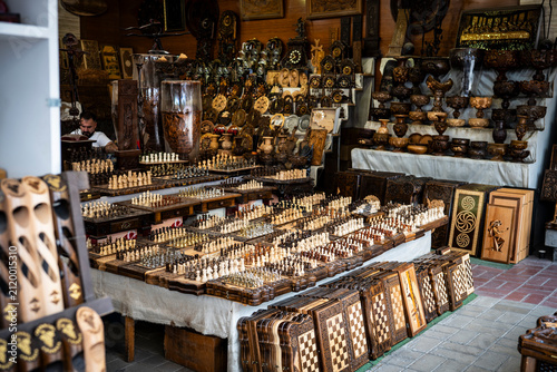 Handcrafted Wooden Chess Sets Displayed at Vernissage Market in Yerevan