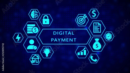 Digital payment concept illustrated with neon blue hexagonal surrounding a central text box that reads DIGITALPAYMENT against a dark blue digital grid background