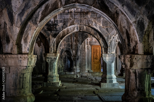 Medieval Vaulted Stone Hall with Symmetrical Arches inside Sanahin Monastery