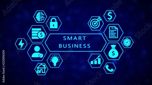 Smart business concept visualized with bright blue hexagonal arranged in a pattern around the central text SMARTBUSINES on a dark blue digital background