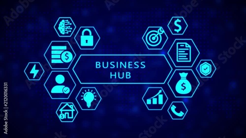 Business hub concept depicted with glowing blue hexagonal forming a network around the central text BUSINESHUB on a dark blue digital grid background