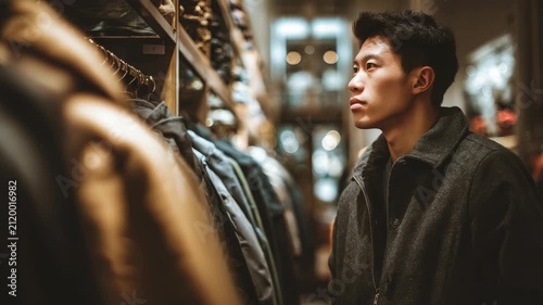 Young Asian man shopping for winter clothes in a boutique store, looking at jackets on a rack, choosing stylish apparel in a modern clothing shop