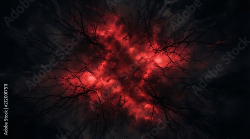 Abstract dark background with red glowing nebula and silhouette of tree branches