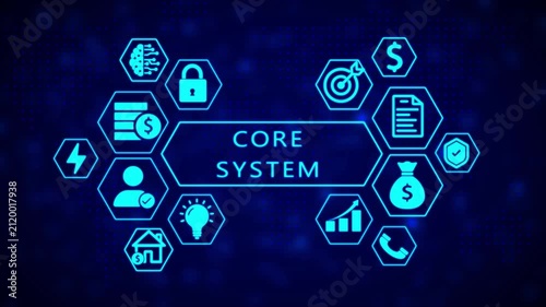 Digital infographic with glowing neon blue hexagonal representing core system concepts like brain, lock, money, target, document, shield, house, lightbulb, user, graph, and phone against a dark