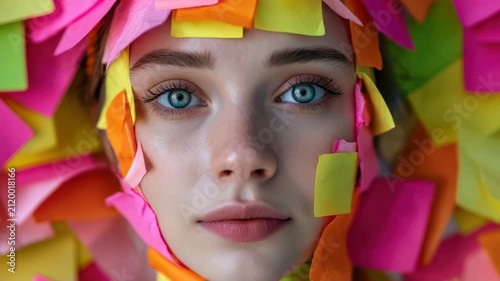 Young woman face surrounded by colorful sticky notes for creative office concept, close-up portrait of female model with bright paper memo sheets