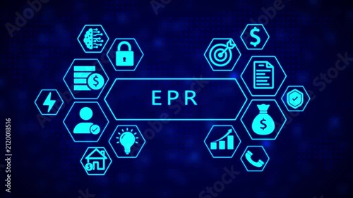 Digital infographic with glowing neon blue hexagonal representing EPR concepts like brain, lock, money, target, document, shield, house, lightbulb, user, graph, and phone against a dark blue