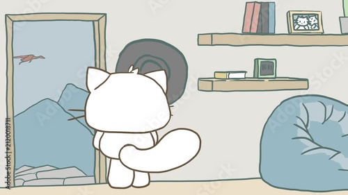 2d animation of cute cartoon white cat opens a door in its cozy room, revealing a mountain landscape with a flying dragon. A beautiful hand-drawn sketch about fantasy, adventure, and imagination.