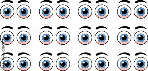 Bild auf Leinwand Cartoon Eye Vector Illustration Set with Blue Irises and Eyebrows for Graphic De
