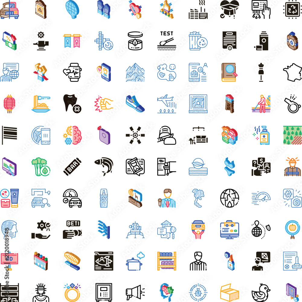 Fototapeta premium Large collection of colorful isometric line icons representing various concepts including business, technology, medical, nature, industry, lifestyle, and symbols on a white background