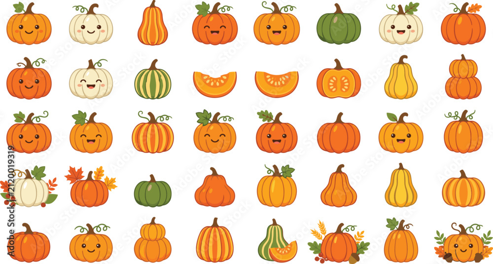 Obraz premium Cute Pumpkin Character and Autumn Squash Vector Icon Set with Happy Smiley Faces for Halloween Thanksgiving Fall Season and Harvest Festival Graphic Designs