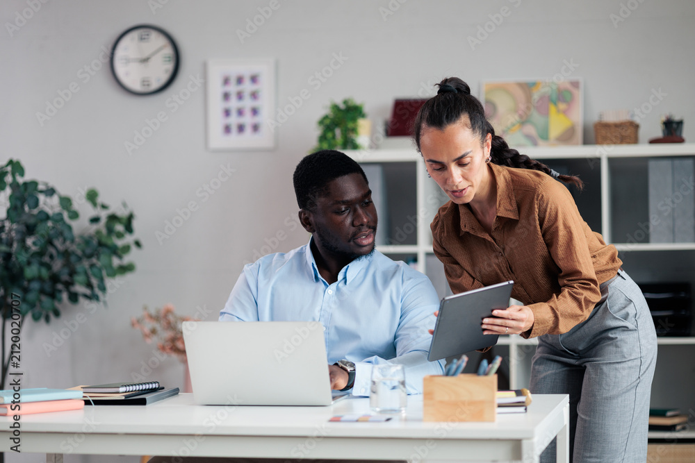 Fototapeta premium Business colleagues collaborating on project showing tablet and laptop