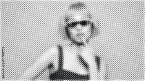Woman wearing sunglasses and cap, blurry halftone pop art style.