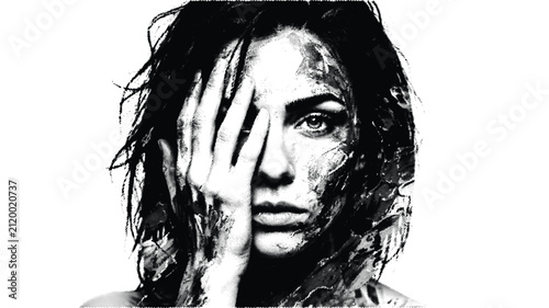 Beautiful woman with hands covering her face, black and white halftone effect.