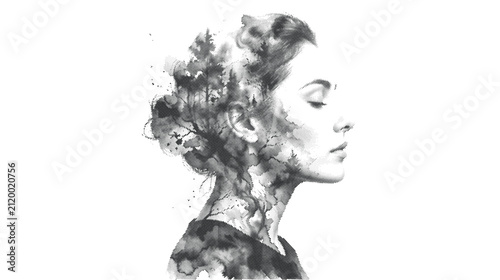 Canvastavla Woman with trees and nature incorporated into her head, halftone dots