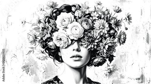 Artistic portrait of woman with head covered in blooming rose bush.