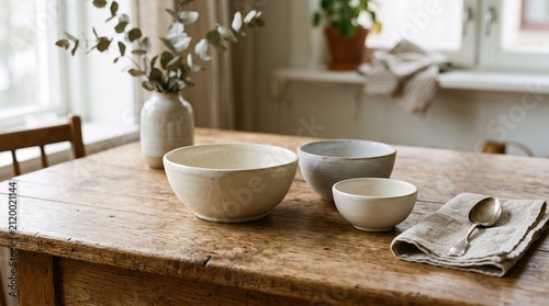 Rustic ceramic bowls and vintage silver spoon on weathered wooden dining table in bright kitchen with eucalyptus vase, creating a serene minimalist atmosphere perfect for culinary lifestyle marketing