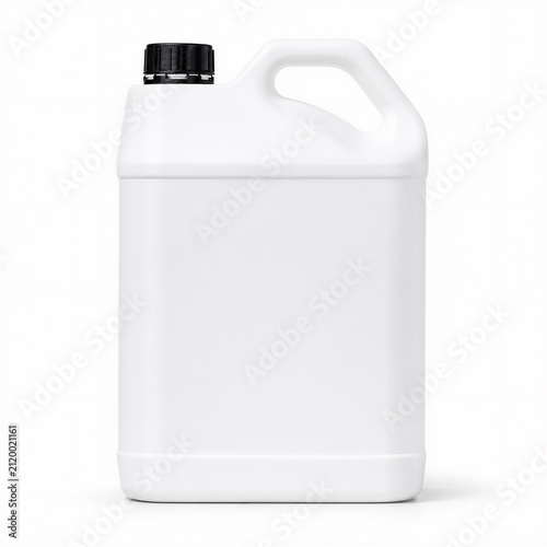 White plastic canister for chemicals or liquids with black screw cap and handle