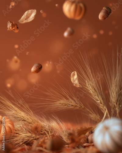 Autumn Pumpkin and Grasses with Falling Acorns