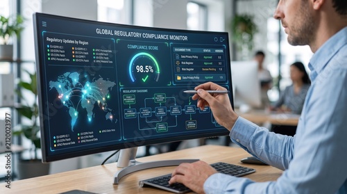 Corporate analyst reviewing global regulatory compliance monitor dashboard displaying real-time compliance score, regional updates map, and workflow diagrams on large screen