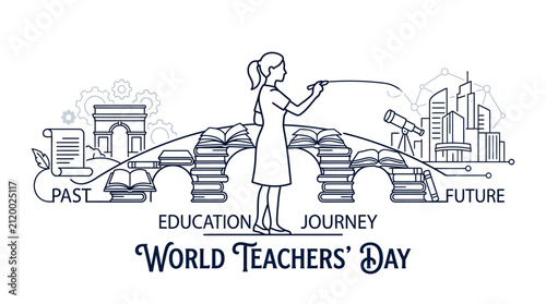 A woman teacher standing on a bridge made of books.
