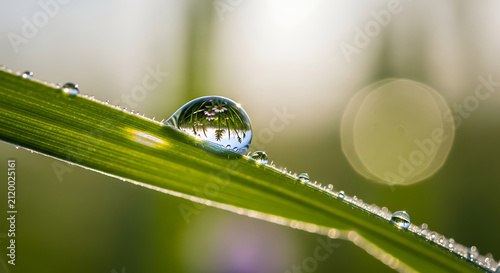 Macro photograph of a single translucent water drop on a green grass blade