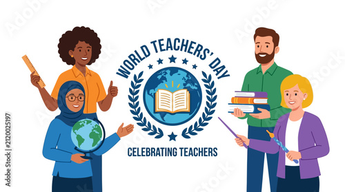 Diverse group of teachers celebrating World Teachers Day with educational tools.