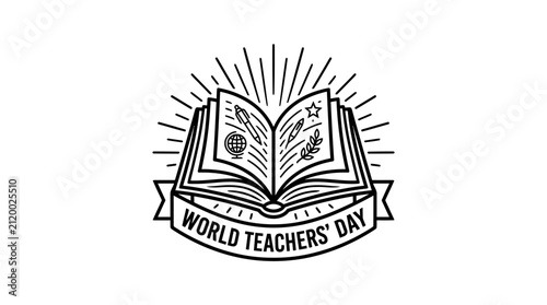 Vintage style emblem design for World Teachers Day celebration with an open book.