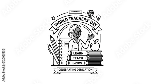 World Teachers Day badge illustration with teacher and school supplies.