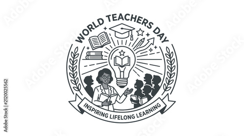 World Teachers Day badge illustration with teacher and students.