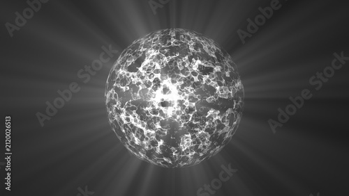 Geometric circle frames project a glowing gray sphere model utilizing brilliant light velocity rays. Minimalist architecture introduction video slide decks incorporate this geometric circle.