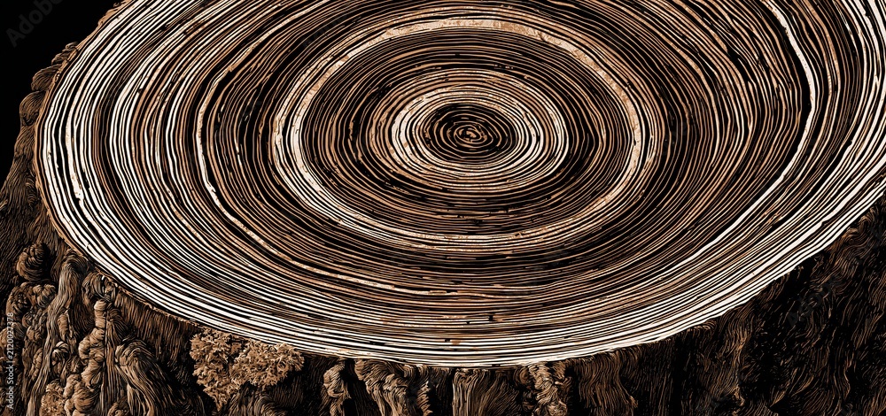 Obraz premium Detailed engraved depiction of tree rings with intricate textures ideal for nature-inspired branding and design.