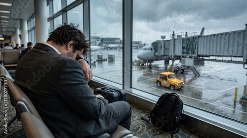 Tired man sitting in airport terminal waiting for flight. Businessman suffering from jet lag and exhaustion after long travel.