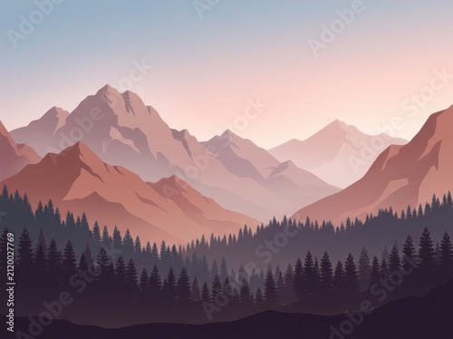 Minimalist mountain landscape with forest at sunset vector illustration