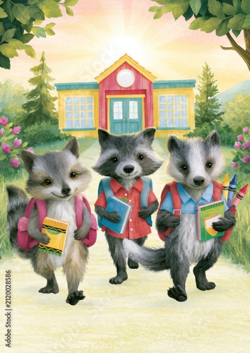 Raccoon friends excited for their first day of kindergarten adventure