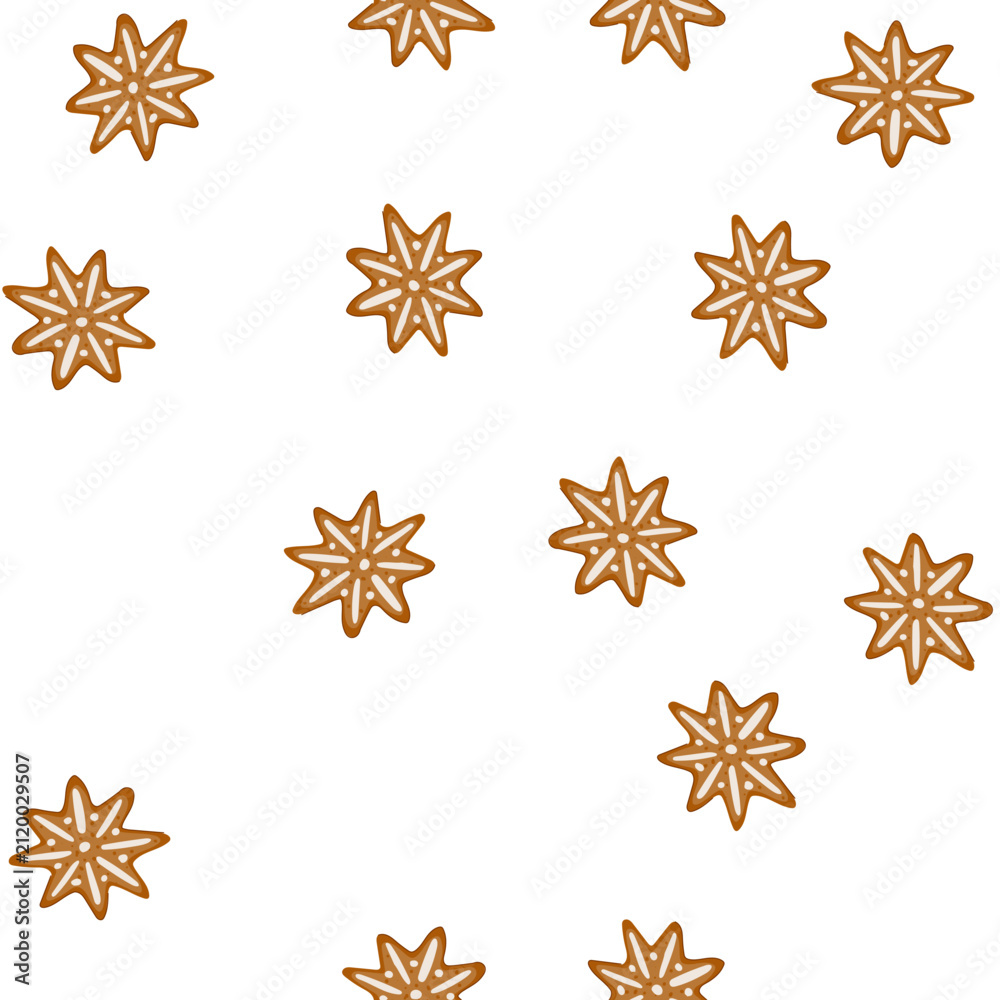 Obraz premium pattern star shaped gingerbread cookie featuring festive white icing, symbolizing holiday baking, winter celebrations, and traditional christmas treats on a clean background