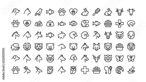 Comprehensive set of diverse animal and pet care outline icons featuring wildlife domestic and farm animals
