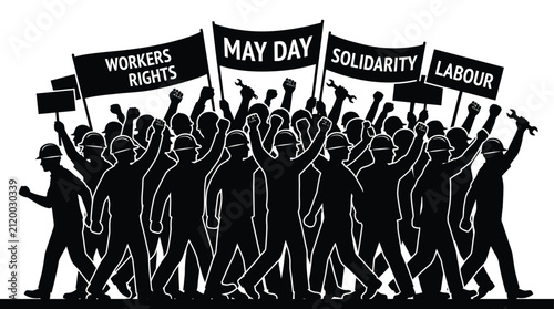 Foto Crowd silhouette with banners advocating for workers rights and may day